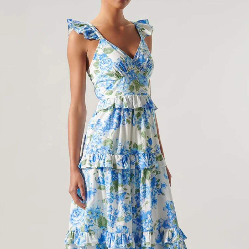 Sugar Lips Blue Floral Ruffle Maxi Dress